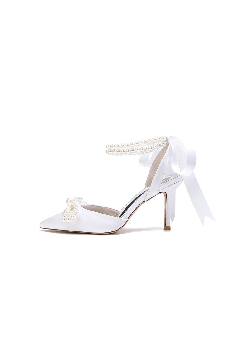 Pointed Toe Pearl Strap with Ribbon Tie - KissProm