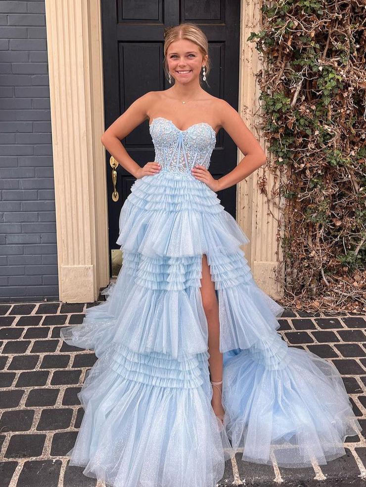 Adelyn Black A-Line Sweetheart Tiered Long Sparkling Tulle Prom Dress