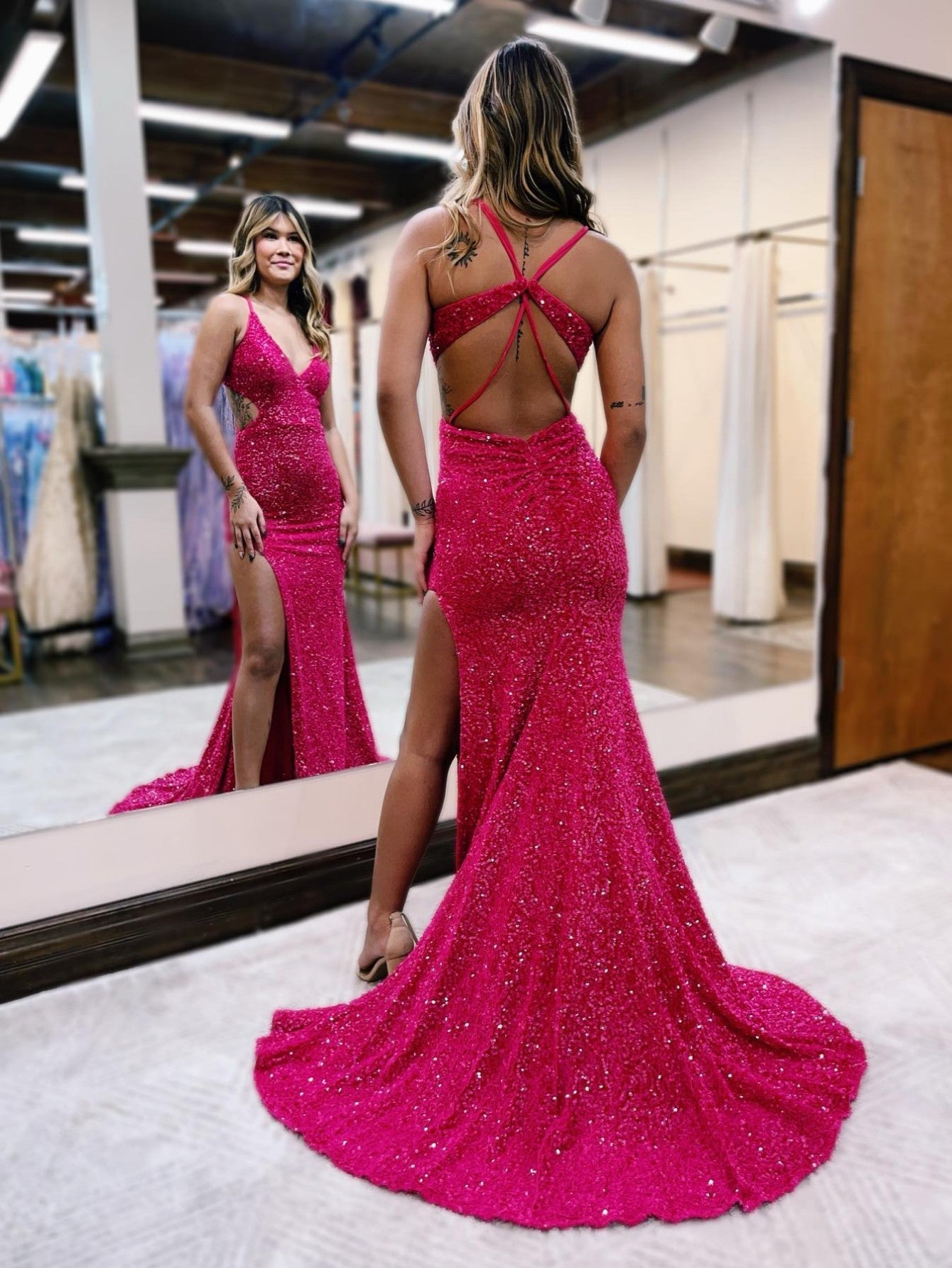 Glitter Red Mermaid V Neck Cut Out Prom Dress with Slit