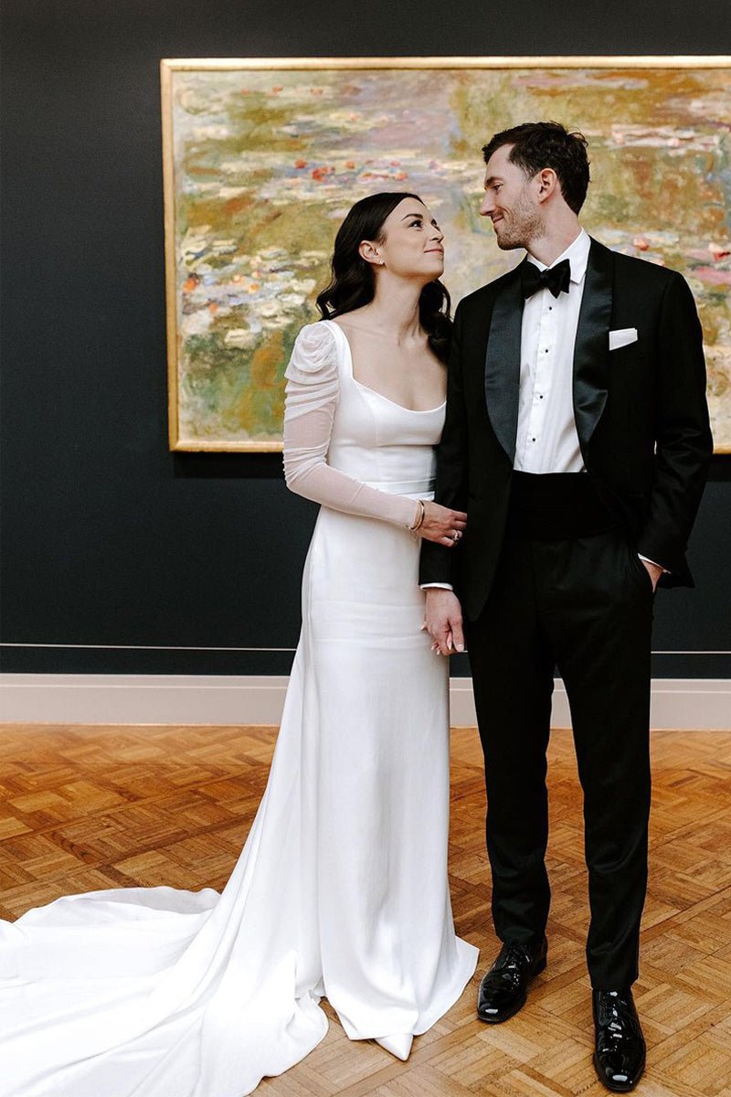Mermaid Square Neck Long Sleeves White Satin Wedding Dresses, Diamond White / 8 Mermaid Square Neck Long Sleeves White Satin Wedding Dresses, Diamond White / 8