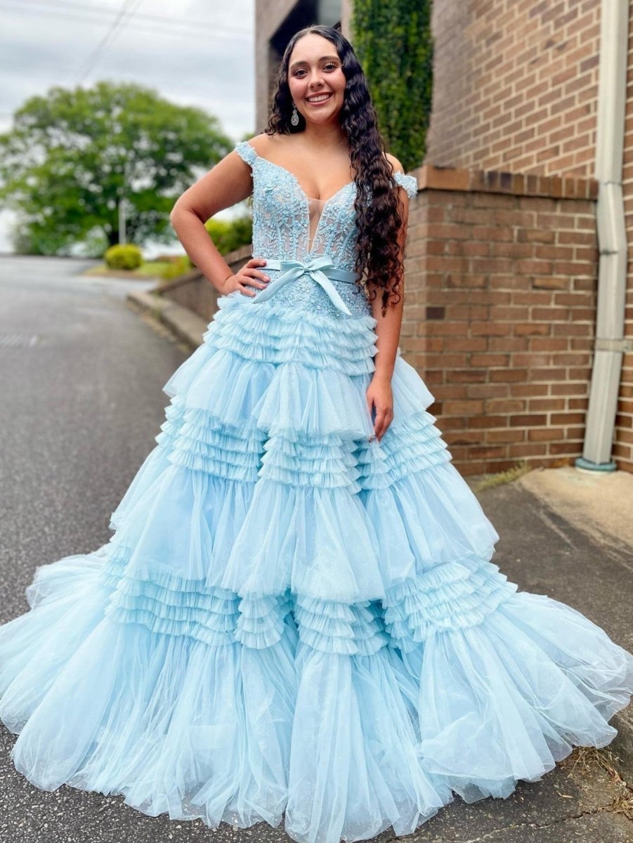 Sky Blue Princess A Line Off the Shoulder Long Prom Dress with Ruffles - KISSPROM