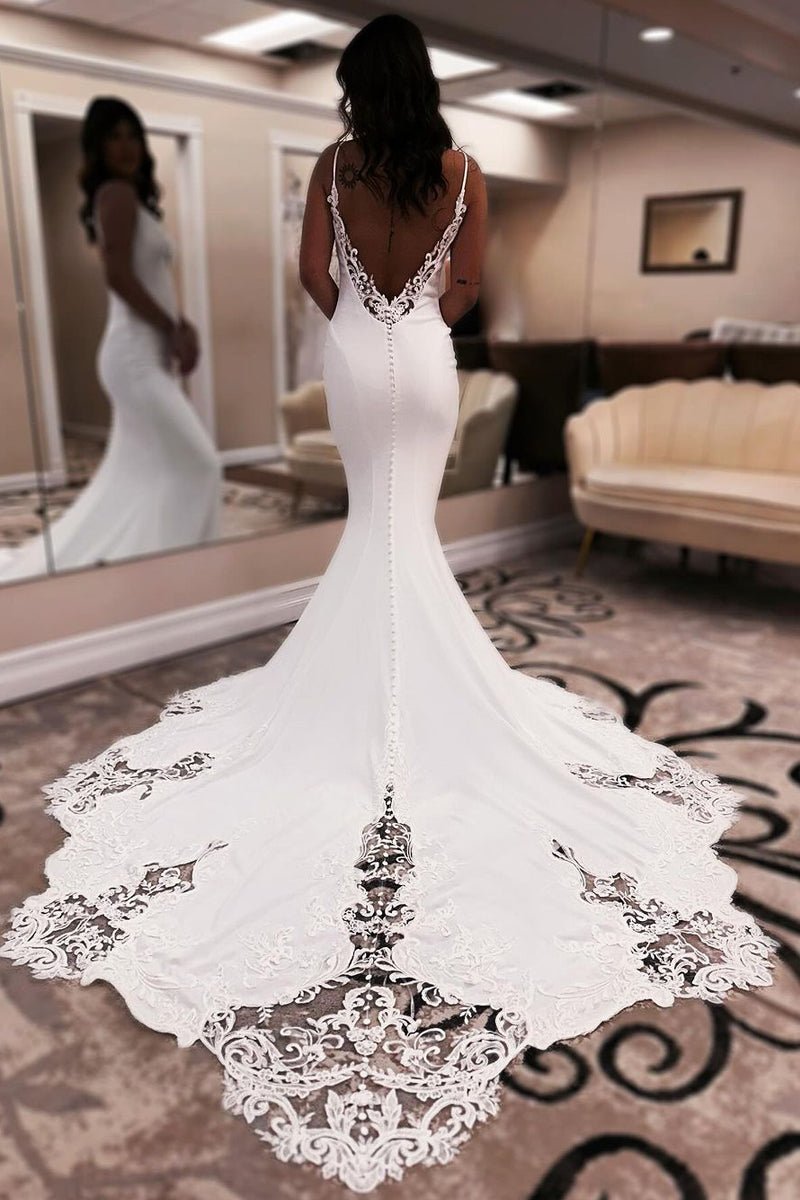 Unique Mermaid V Neck Satin Wedding Dress with Appliques - KissProm
