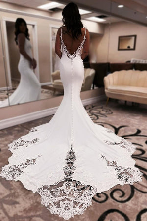 Unique Mermaid V Neck Satin Wedding Dress with Appliques - KissProm