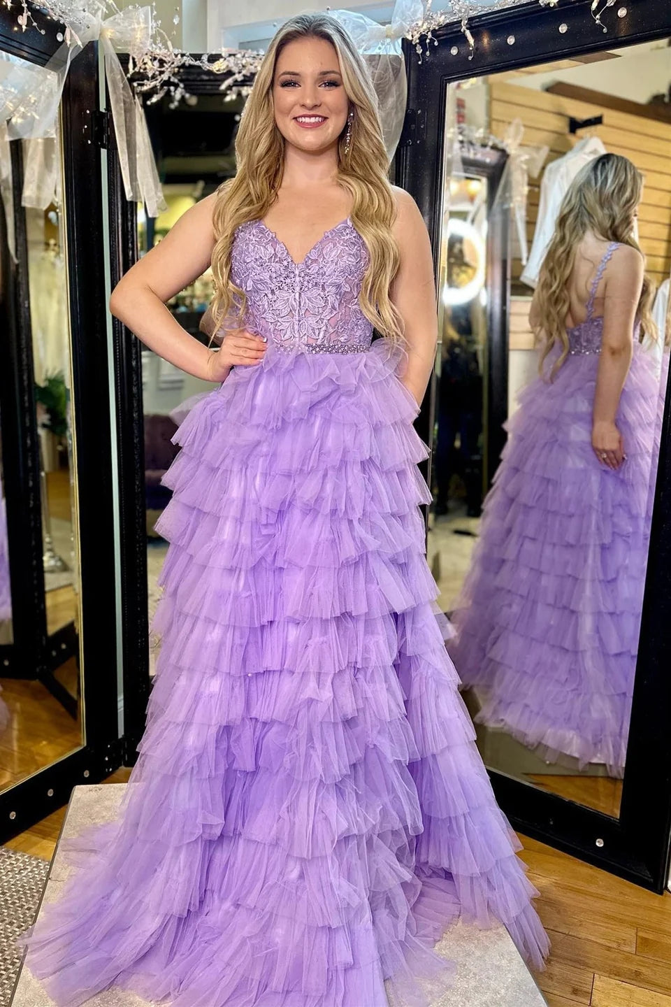 Marissa | Lavender Appliques V-Neck Ruffle Tiered Long Prom Dress