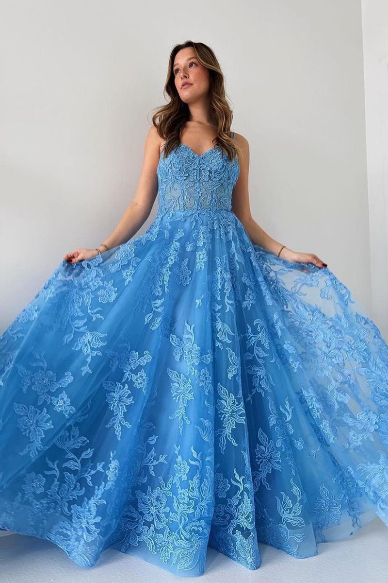 Blue Spaghetti Straps Tulle Appliques Long Prom Dresses - KissProm