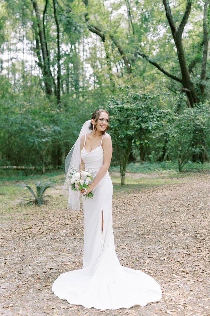 Charming Mermaid Cowl Neck Satin Wedding Dress with Slit - KissProm