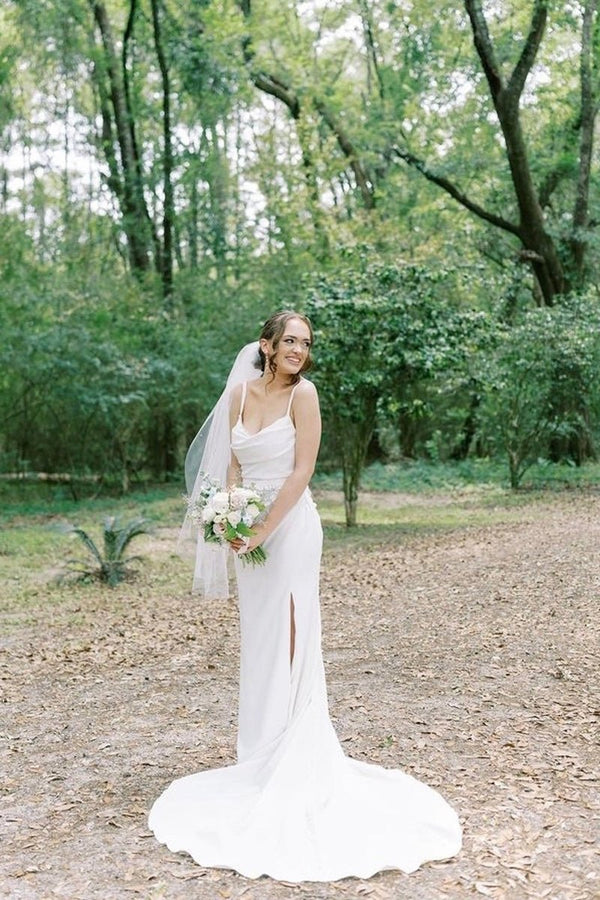 cowl neck satin wedding dress Cowl-Neckline A-line Slit Wedding Gown BD104W Cowl-Neckline A-line Slit Wedding Gown BD104W
