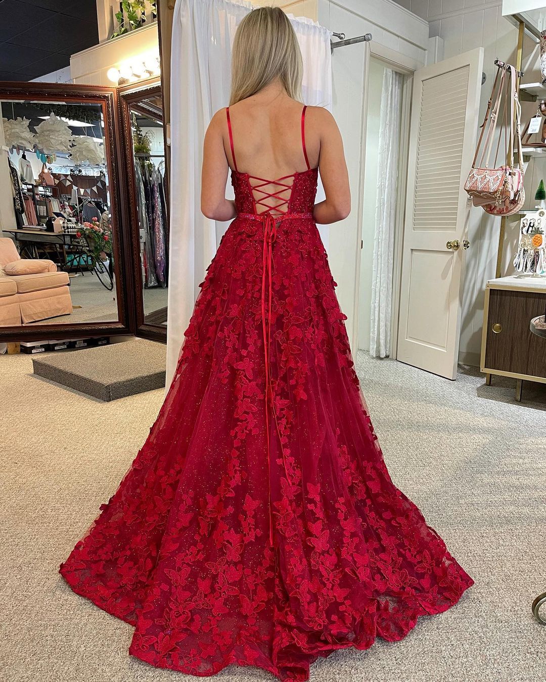 Shana | Cute A Line Scoop Neck Red Lace Prom Dresses with Beading