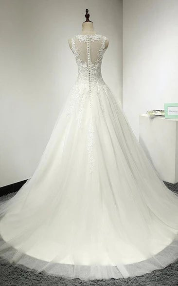 A-Line Tulle Bridal Gown Weddig Dress With Lace Bodice and Dropped Waist