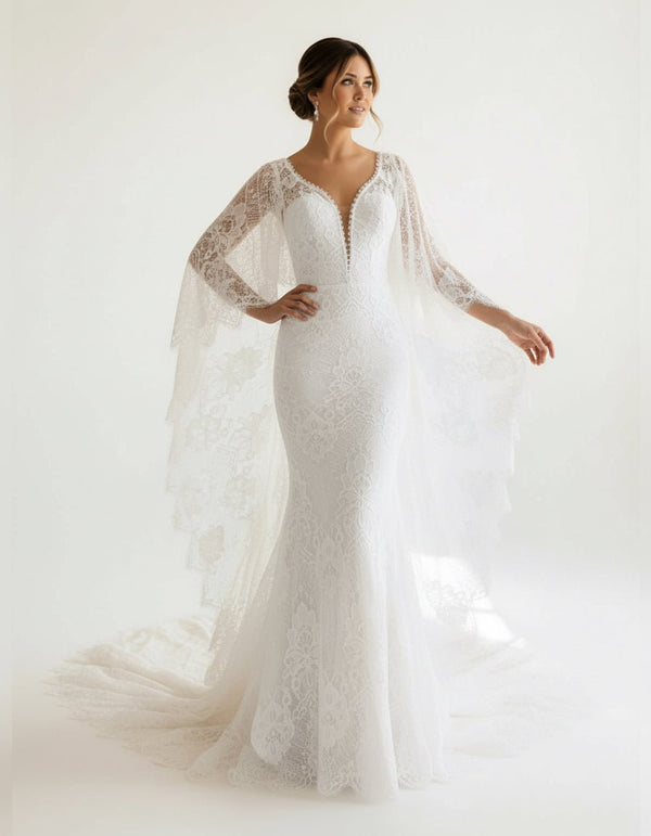 ivory long sleeve dress Ivory Long Sleeve Cape Lace Mermaid Wedding Dress with Appliques, White-Nude / 20