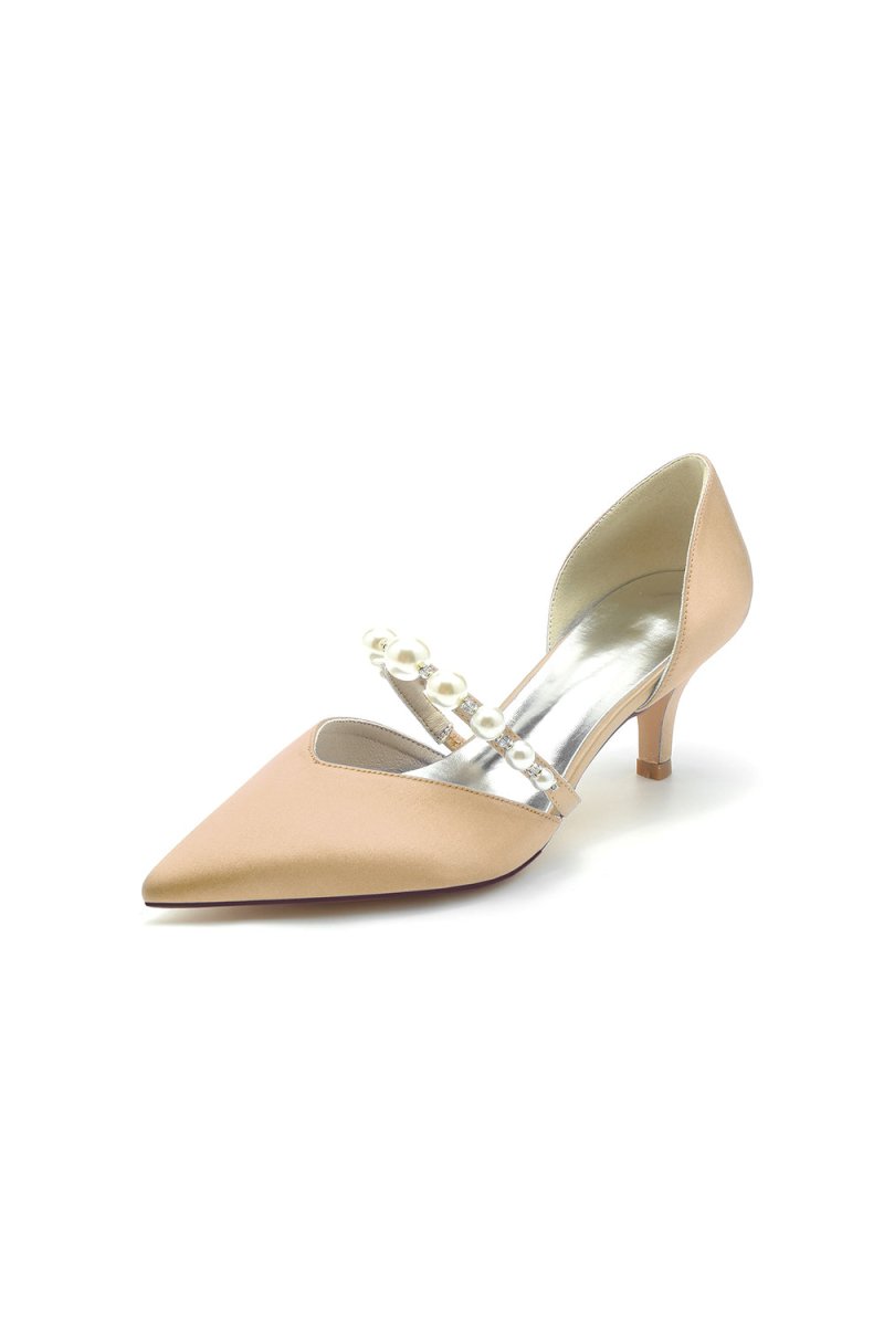 Elegant Satin Pointed Toe Heels with Pearl Strap - KissProm