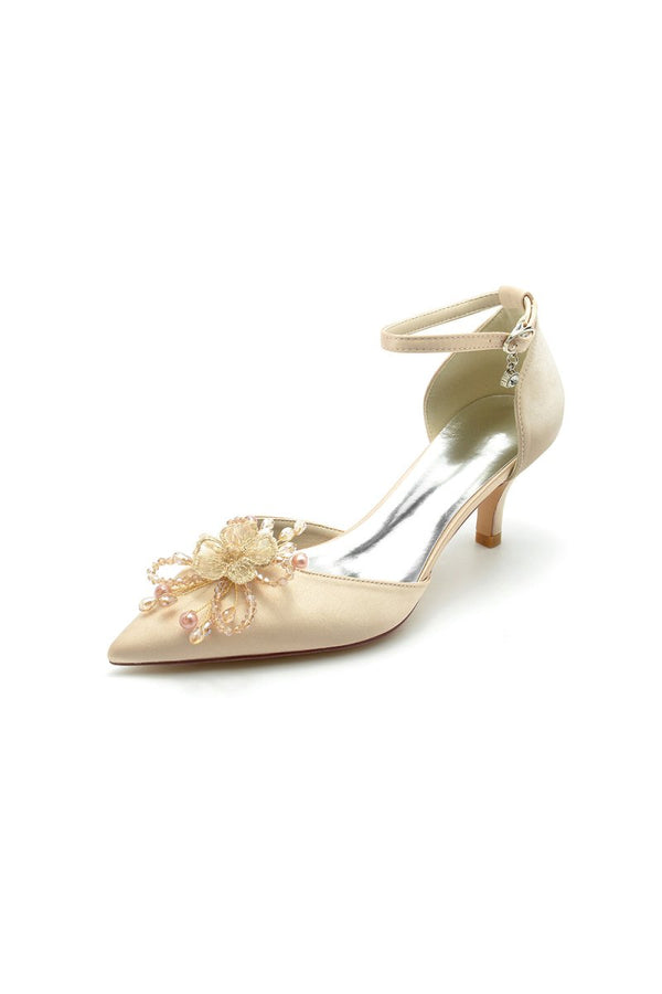 Floral Pointed Toe Beading Kitten Heels - KissProm