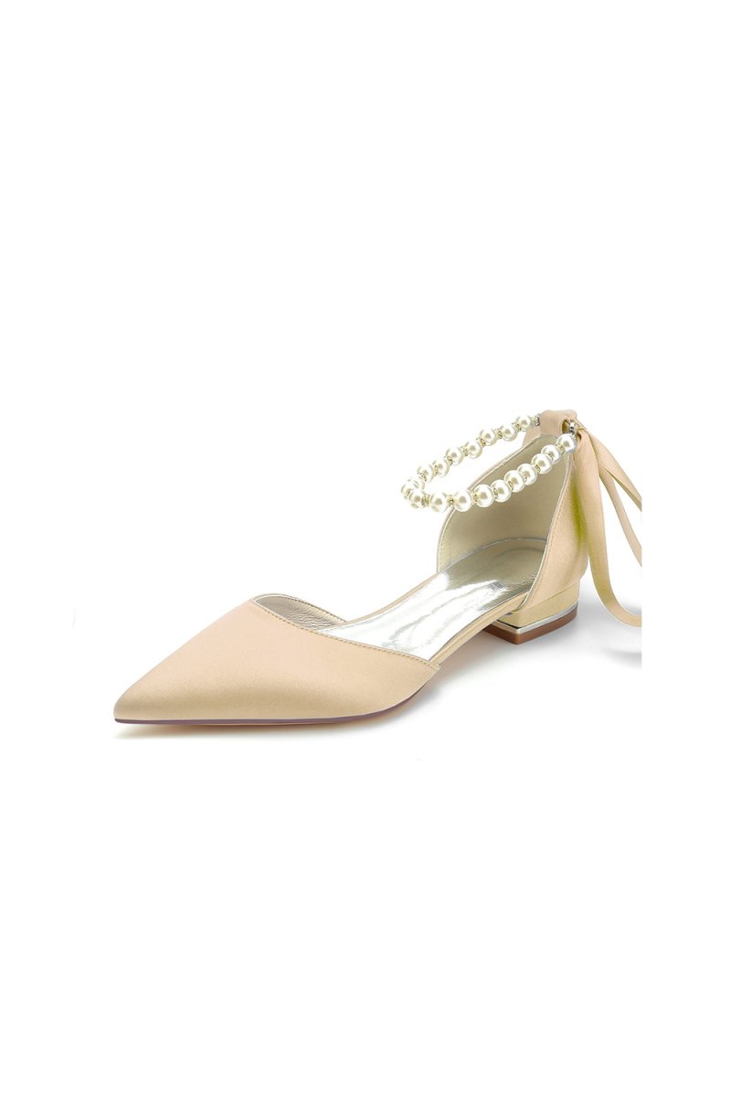 Pearl Ribbon Pointed Toe Ankle Strap Kitten Heels - KissProm