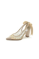 White Mesh Pump with Elegant Bow Detail and Transparent Overlay - KissProm