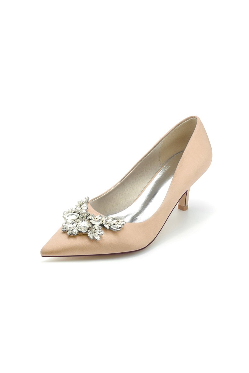 Rhinestone Pointed Toe Satin Kitten Heels - KissProm