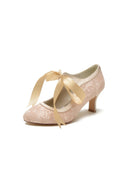 Ivory Lace High Heels Featuring a Classic Bow Design - KissProm