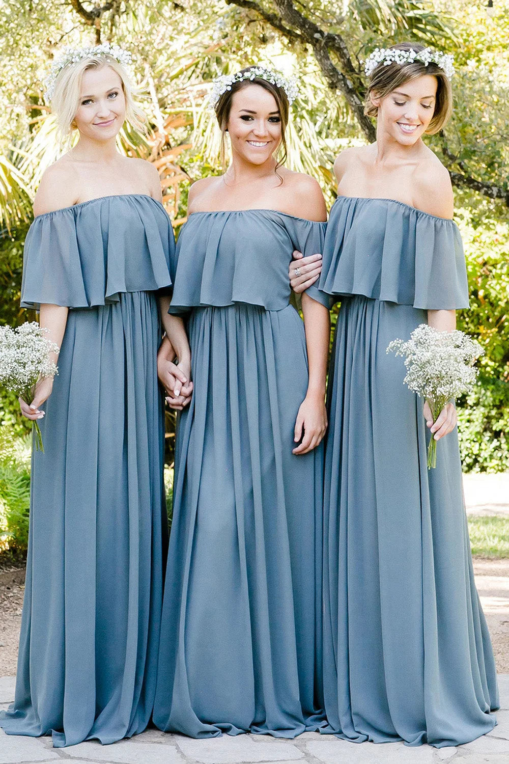 Dusty Blue A - Line Off the Shoulder Long Chiffon Boho Bridesmaid Dress - KissProm