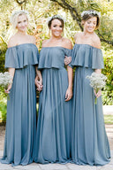 Dusty Blue A-Line Off the Shoulder Long Chiffon Boho Bridesmaid Dress Dusty Blue A-Line Off the Shoulder Long Chiffon Boho Bridesmaid Dress
