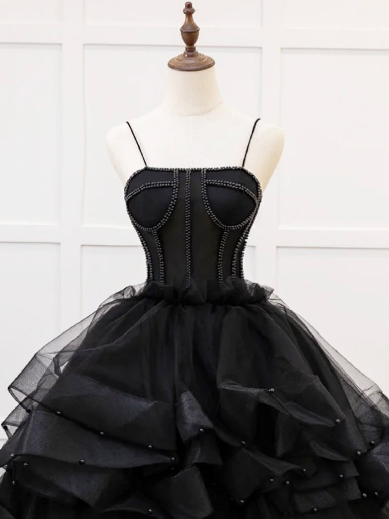A-Line Tulle Beads Black Long Prom Dress, Black Sweet Dress