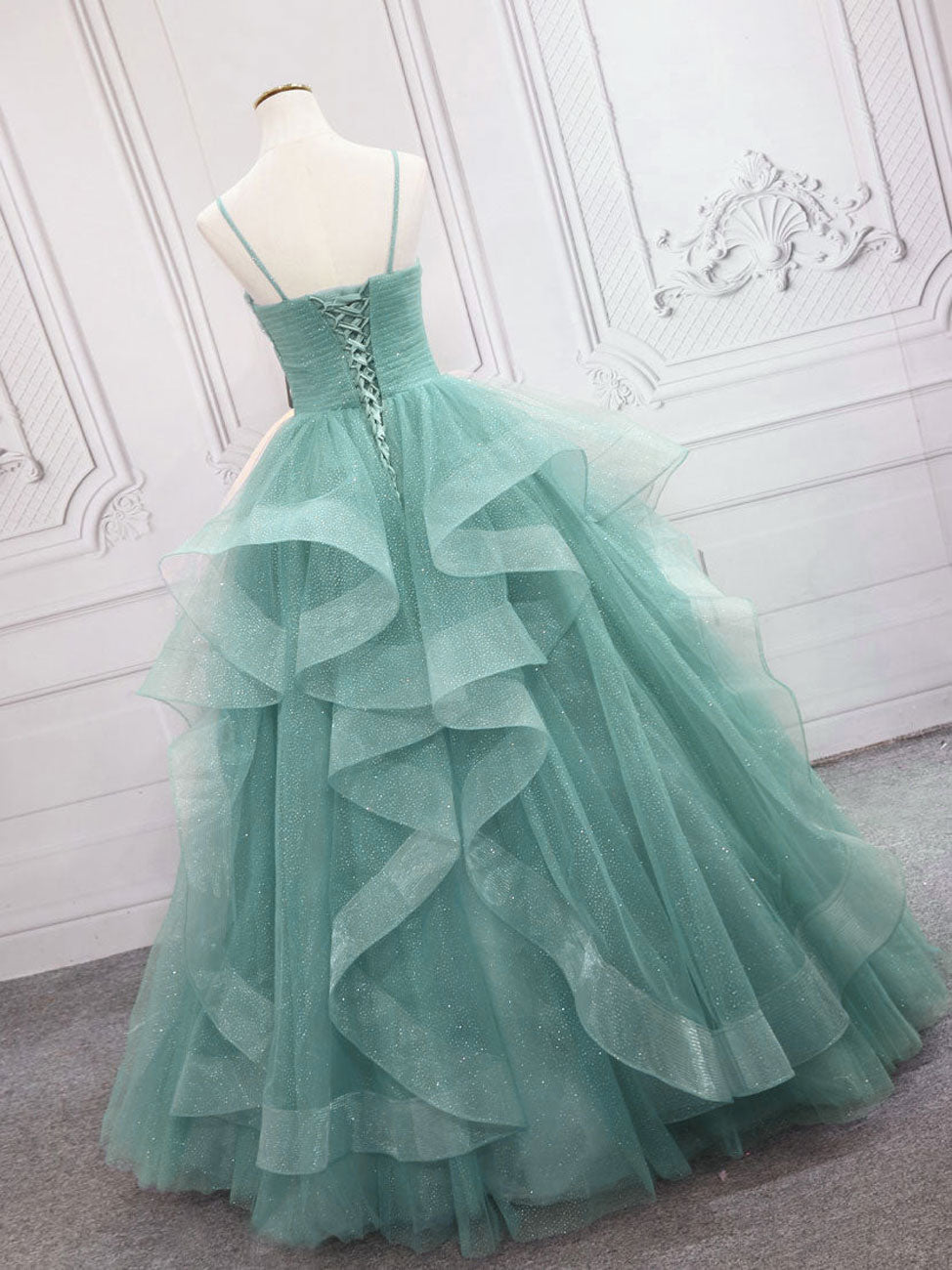 Green V Neck Tulle Long Prom Dress, Green Sweet Dress
