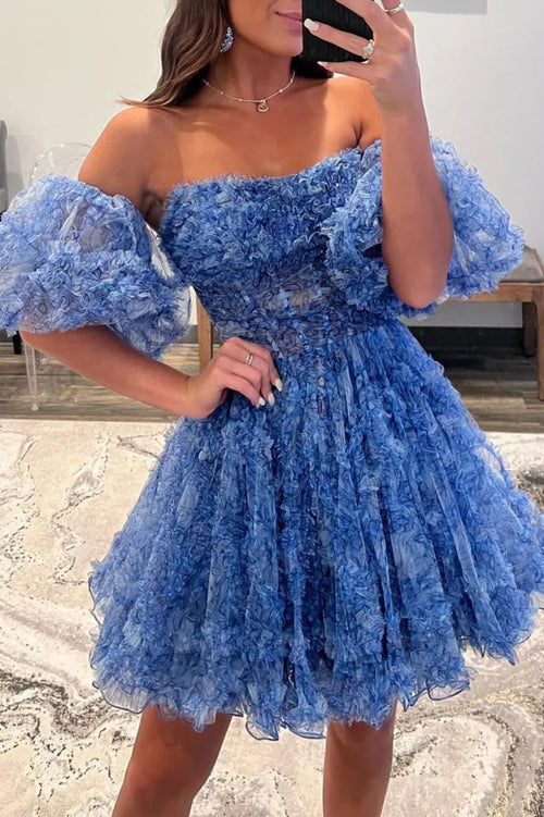 Hanni | Blue Puff Sleeves Ruffles A-line Prints Homecoming Dress