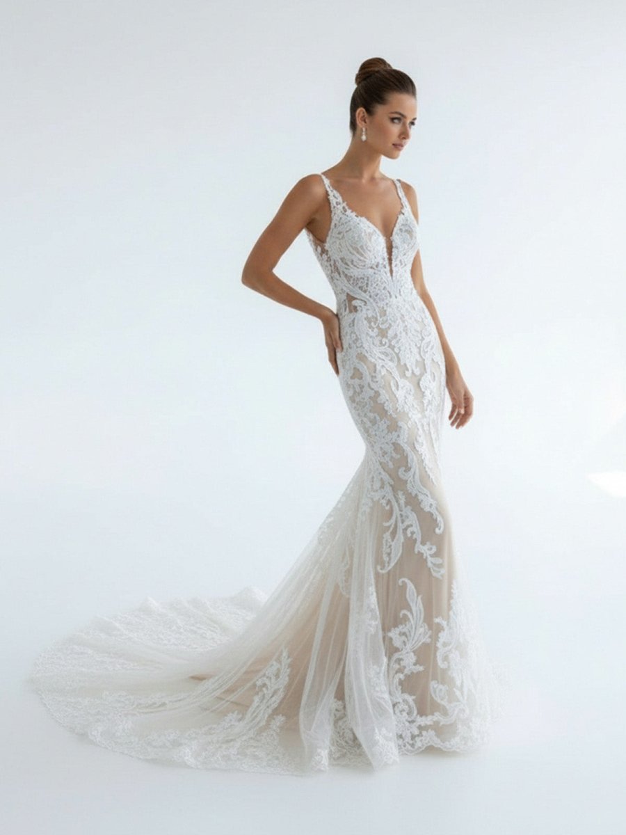 Mermaid V Neck Tulle Lace Wedding Dresses with Train - KissProm
