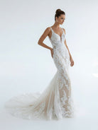 Mermaid V Neck Tulle Lace Wedding Dresses with Train - KissProm