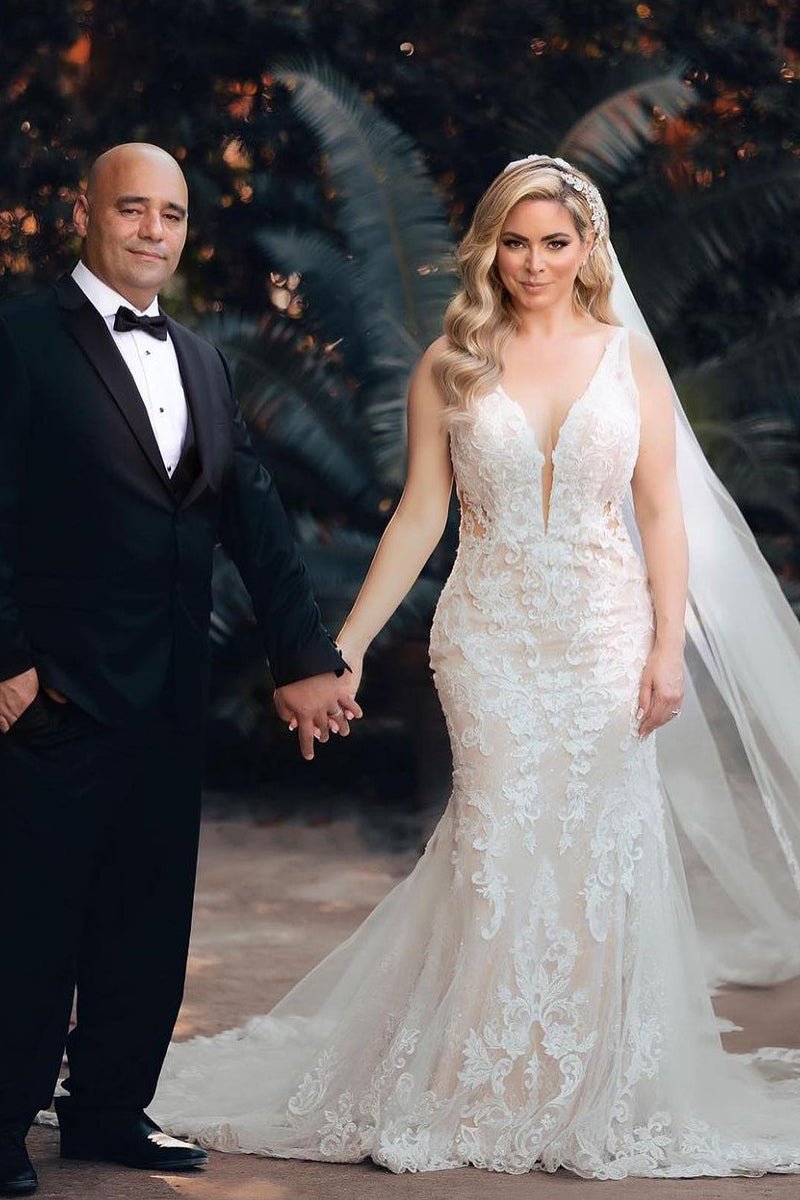 Mermaid V Neck Tulle Wedding Dresses with Train - KissProm