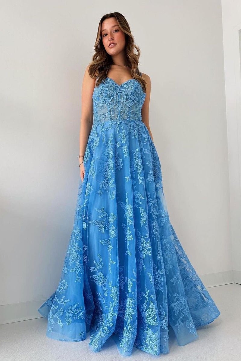 Blue Spaghetti Straps Tulle Appliques Long Prom Dresses - KissProm