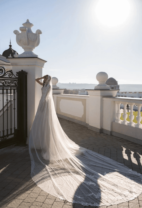 Simple Jewel Long Sleeve Brush Train Tulle Ball Gown Wedding Dress with Appliques