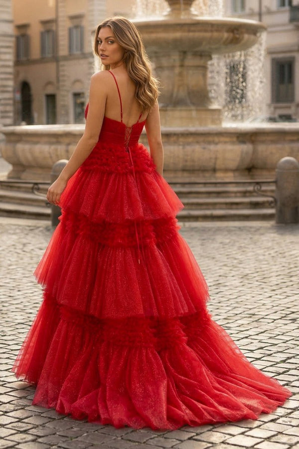 A - Line Spaghetti Straps Long Tiered Tulle Prom Dress With Split - KissProm