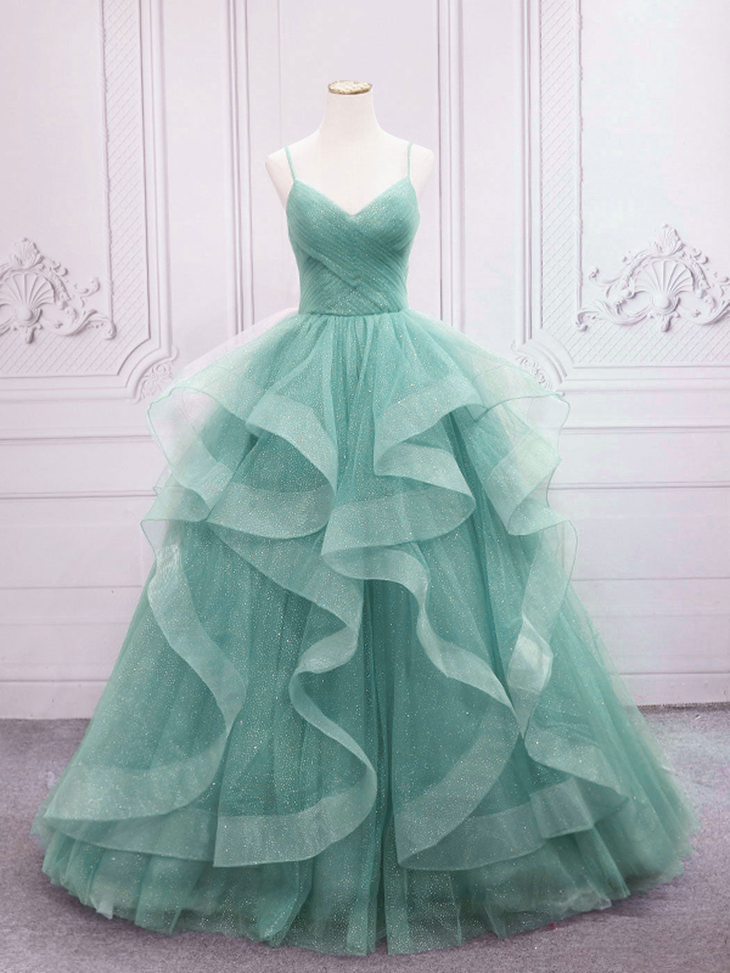 Green V Neck Tulle Long Prom Dress, Green Sweet Dress