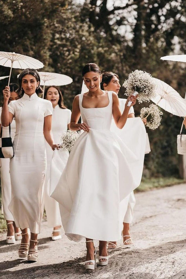 Simple A-Line Square Neck White Satin Wedding Dresses – Wedding Dresses by Kissprom | Available at KissProm