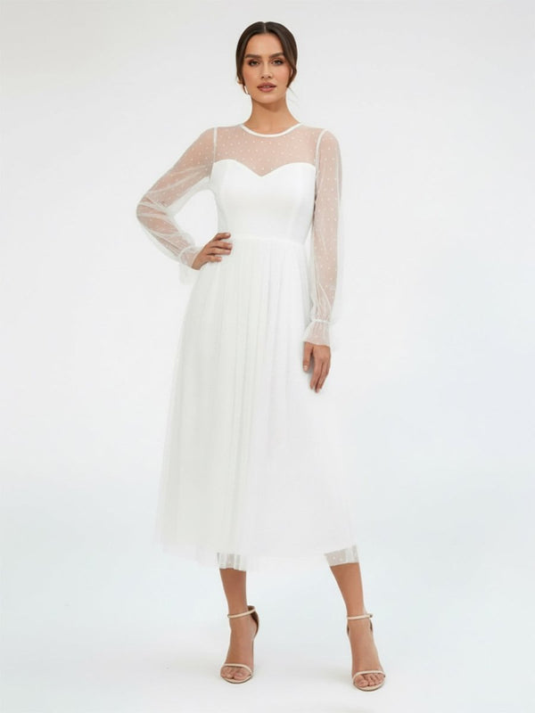Zelina | Elegant A-Line Long Sleeve Tea Length Wedding Dresses