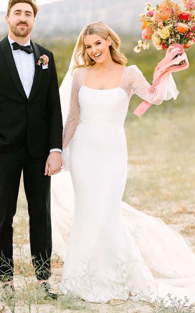 Mermaid Satin Simple Wedding Dress With Square Neckline And Long Sleeve