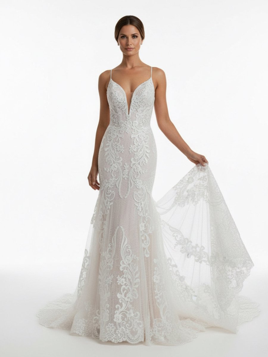 Aliza | Ivory Mermaid Spaghetti Straps Backless Long Lace Wedding Dress - KissProm
