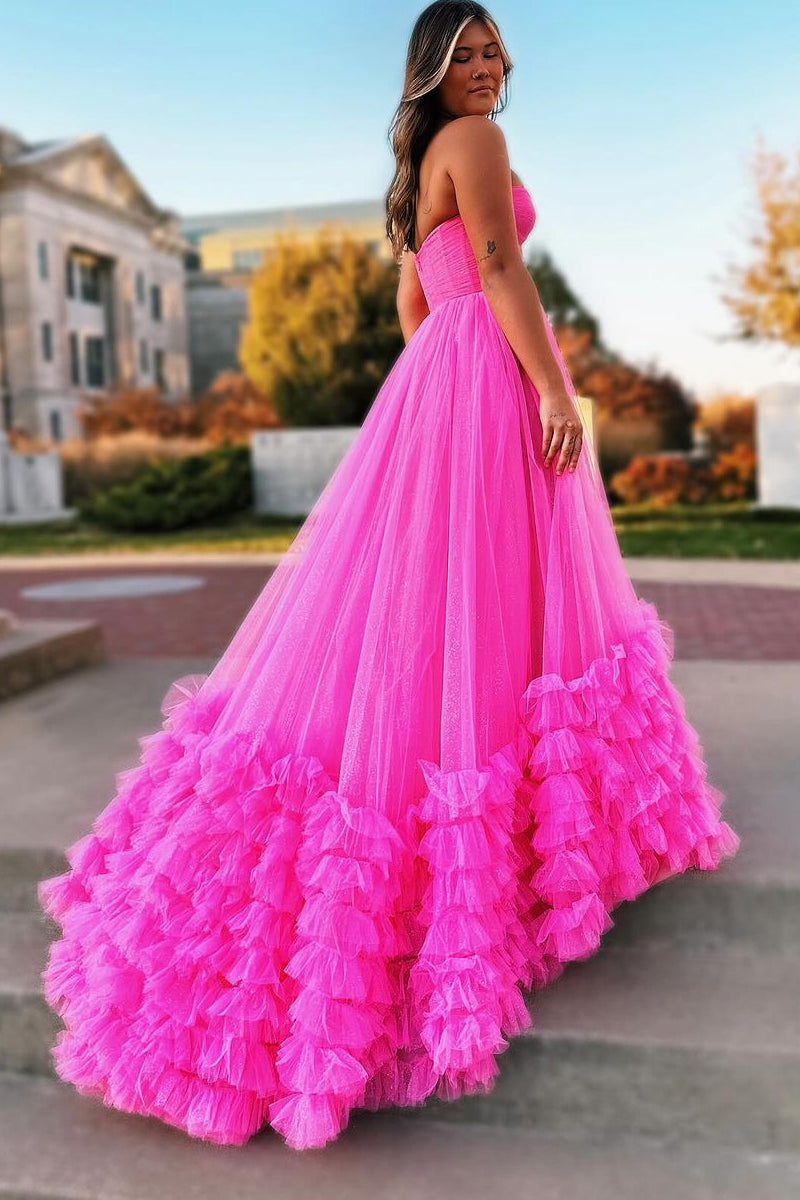 Rachael | Pink Sweetheart Tiered Tulle Long Prom Dresses