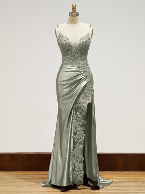 Black Spaghetti Straps Sheath Satin Applique Long Prom Dress with Slit main image 1