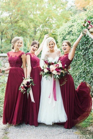Round Neck Tulle Floor Length Burgundy Bridesmaid Dress, Burgundy / 4 Round Neck Tulle Floor Length Burgundy Bridesmaid Dress, Burgundy / 4
