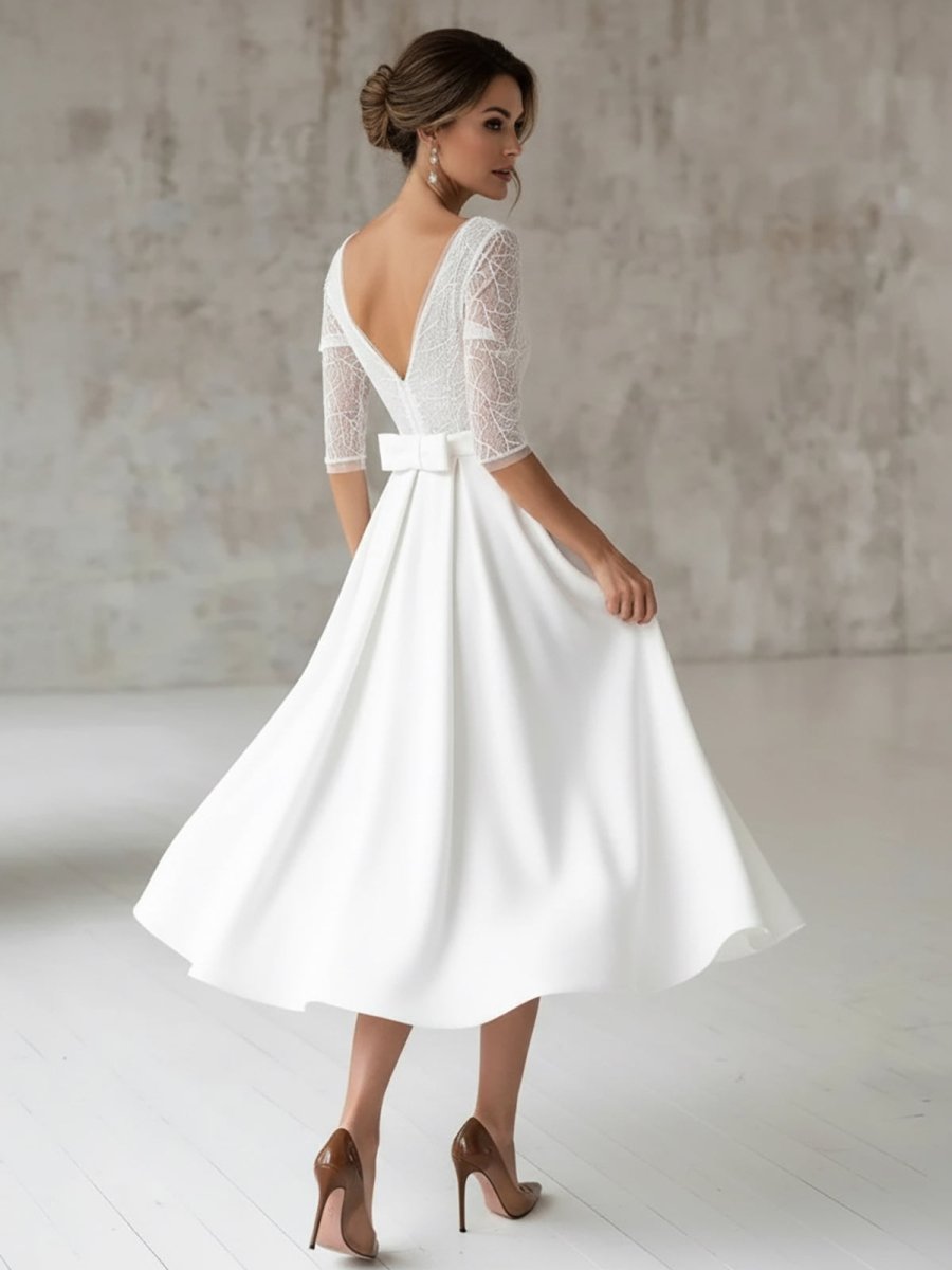 Margaritte | Satin V - neck A Line Tea - length Wedding Dress with Ruching and Sash - KissProm
