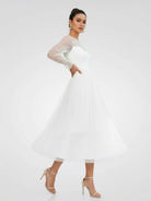 Zelina | Elegant A-Line Long Sleeve Tea Length Wedding Dresses