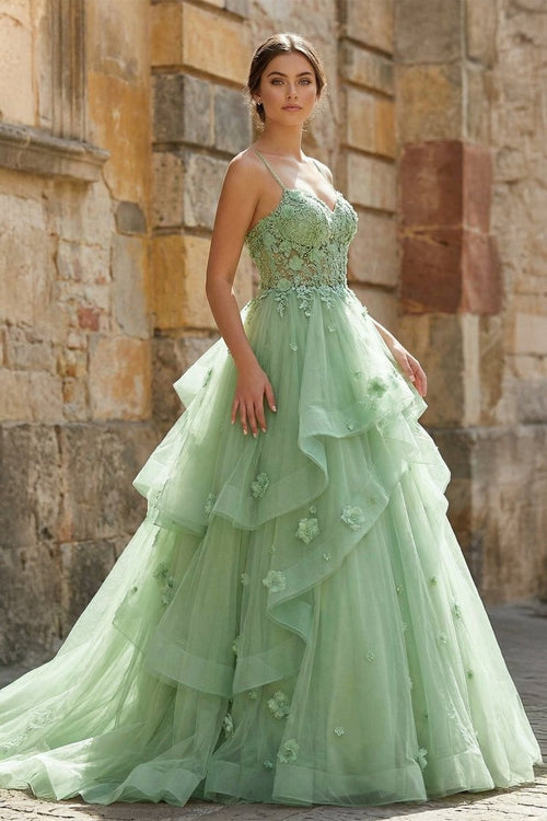 Azurena | Ball Gown Sweetheart Sage Green Tulle Long Prom Dresses With Appliques -KissProm