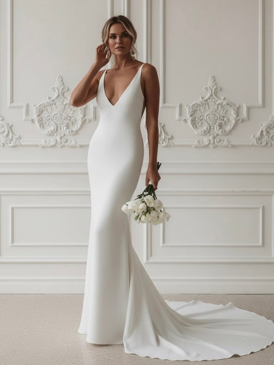 Elegant Mermaid V-Neck Elastic Satin Long Wedding Dresses Elegant Mermaid V-Neck Elastic Satin Long Wedding Dresses