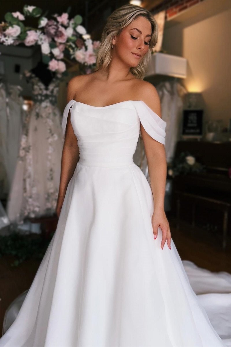 Elegant White Off-the-Shoulder Long Wedding Dress with Slit | KissProm