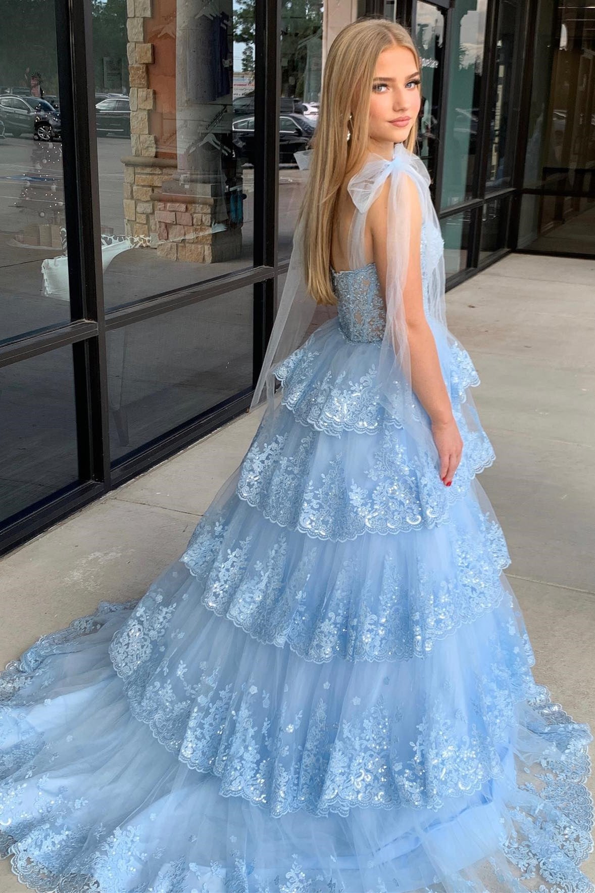 Thelma | Light Blue Tulle Appliques Tying Strap Ruffle Tiered Long Prom Dress