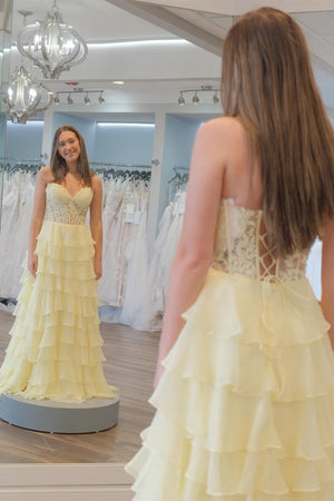 KissProm-Alondra Yellow Chiffon Sweetheart Ruffle Tiered Long Prom Dress
