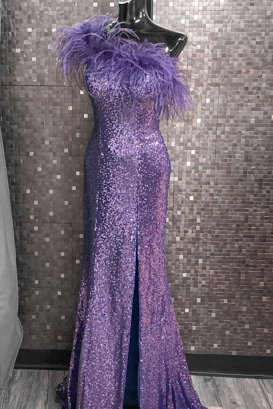 Pink Sequin Feather One - Shoulder Prom Dress with Slit - KissProm