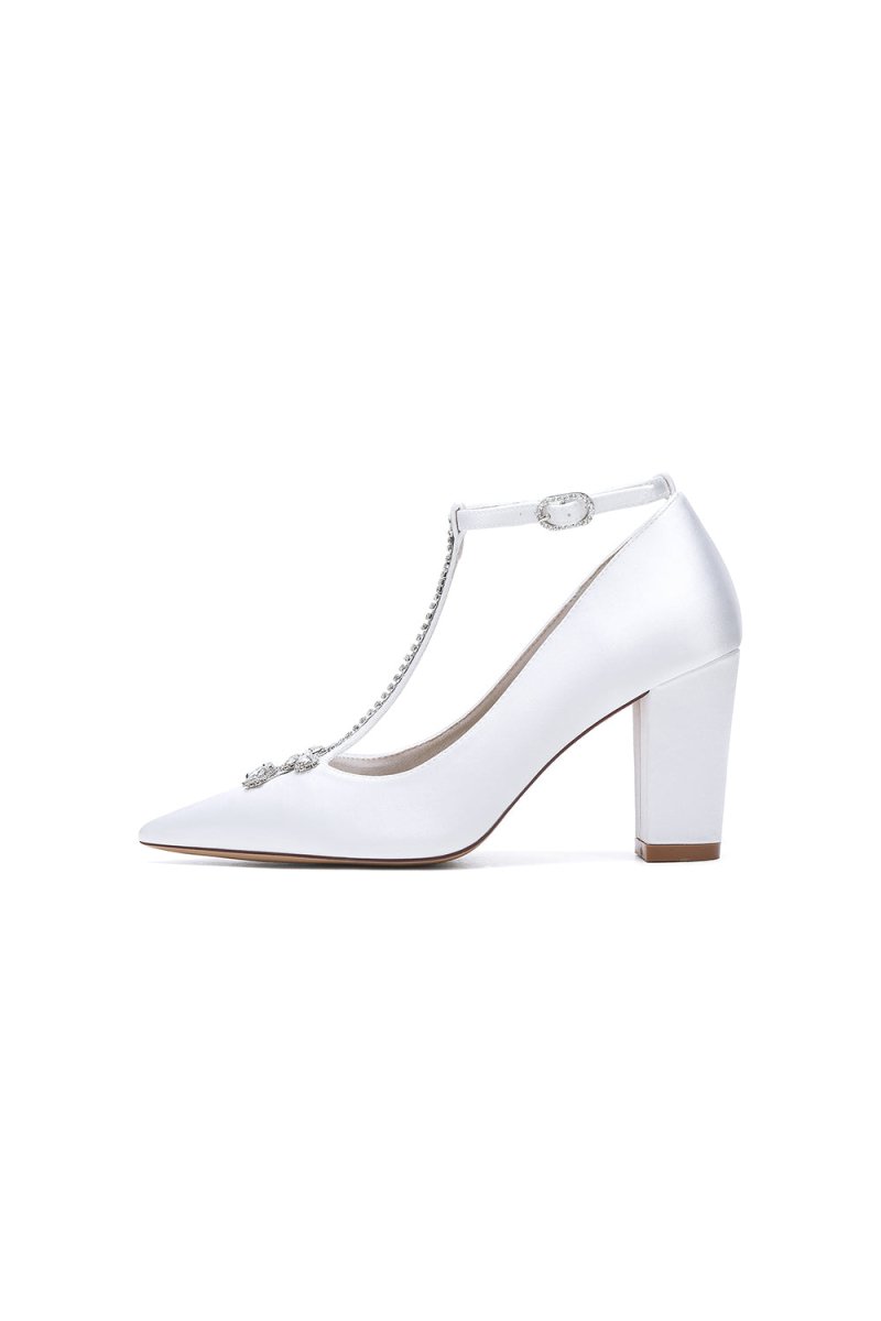 White Leather Pump with Silver Chain and Crystal Accent - KissProm