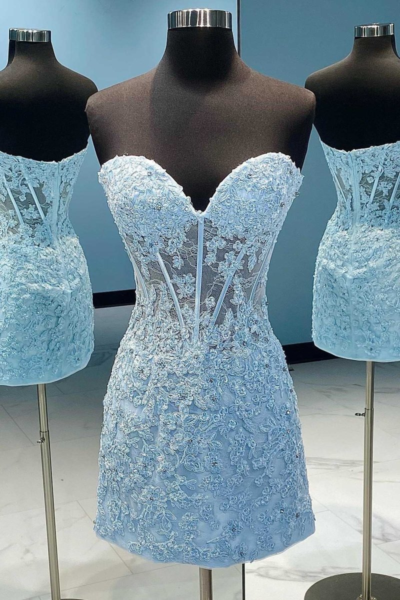 Irmeli | Blue Appliques Strapless Short Homecoming Dress