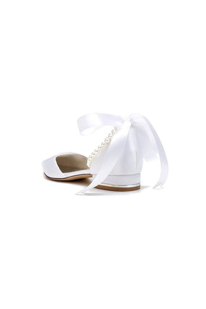 Pointed Toe Pearl Ribbon Ankle Strap Kitten Heels - KissProm